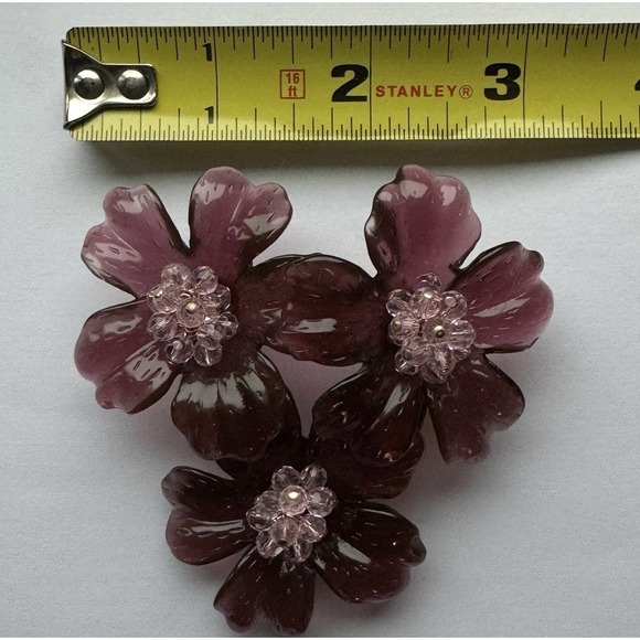 Vintage Nolan Miller Pink Purple Lucite Beaded Flower Trio Brooch Cluster Pin - Picture 5 of 8
